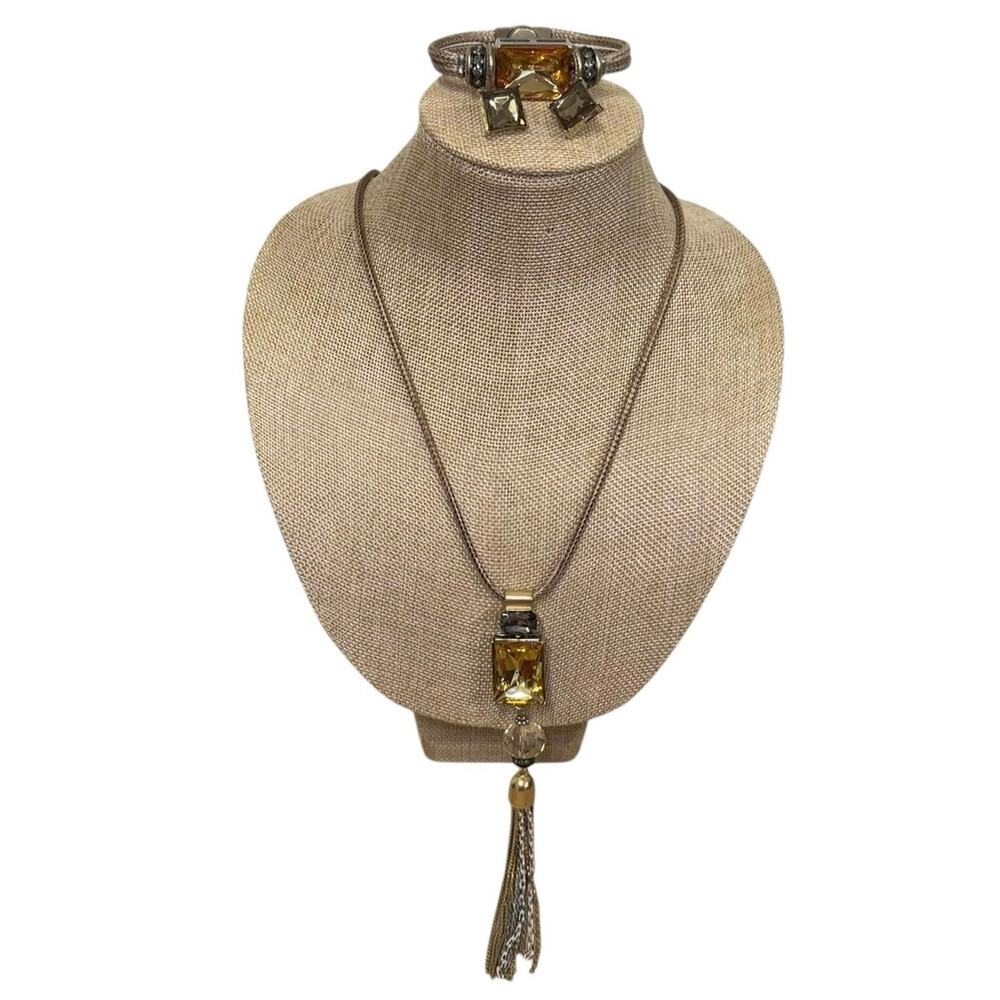 Chico's Statement Necklace Set Amber Tassel Long Necklace Bracelet Earrings